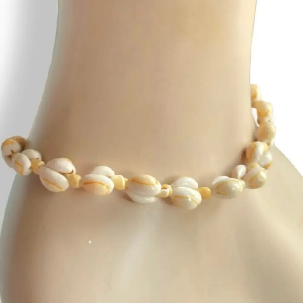 Vintage Cowry Gold Band Cowrie Hawaiian Shell Lei Mermaid Necklace 32” Hawaii